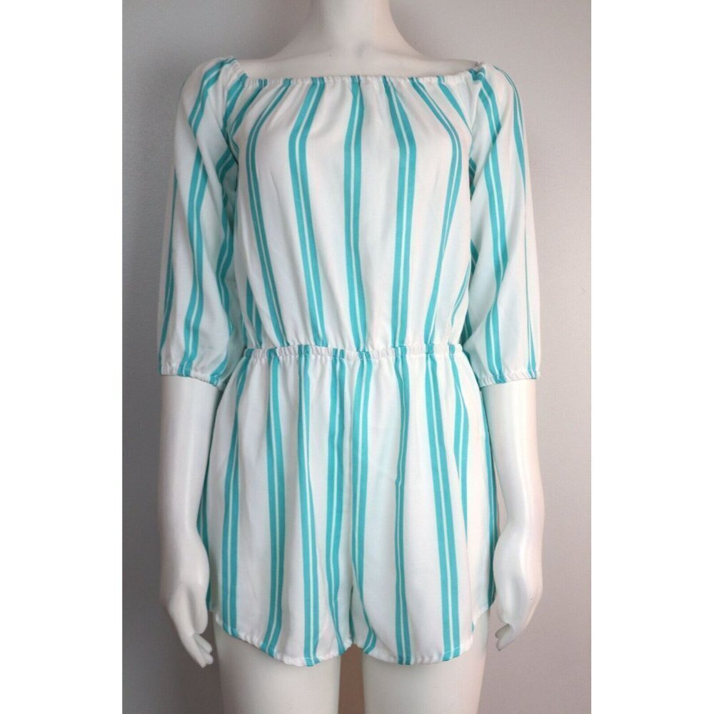 TURQUOISE BLUE & WHITE STRIPED ONE-PIECE ROMPER - NEW LIGHT FASHION - SIZE M